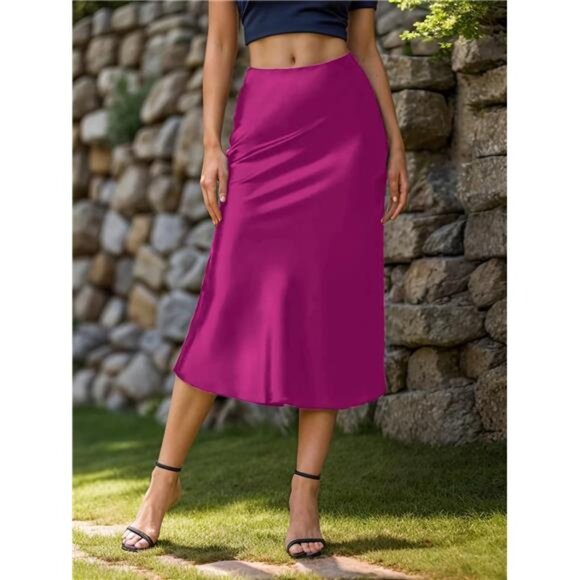 Women's Satin High Waist A Line Midi Skirt Dark Pink - Picture 2 of 5